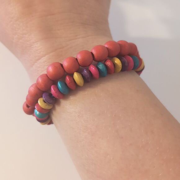 630 Set of 2 Multicolor Wood‎ Beaded Stretch Bracelets - Picture 1 of 4